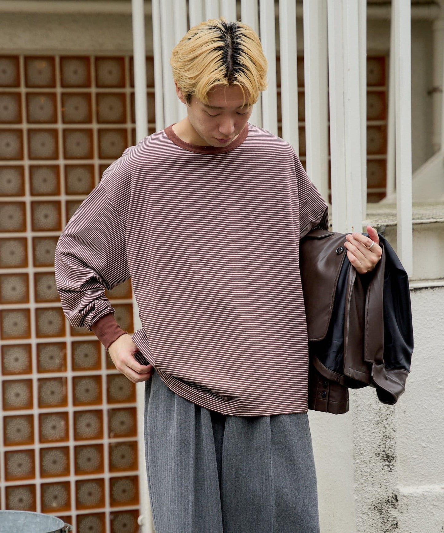 【Kastane】手工做舊破洞條紋長袖T恤
