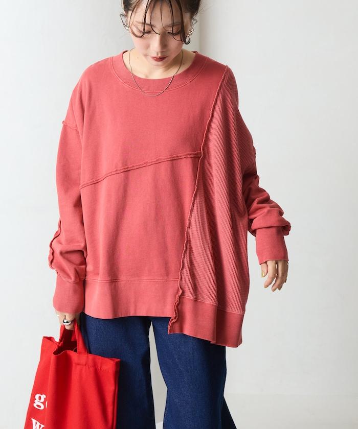 仿舊風格色素水洗衛衣拼接華夫格套頭衫