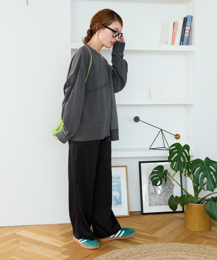 仿舊風格色素水洗衛衣拼接華夫格套頭衫