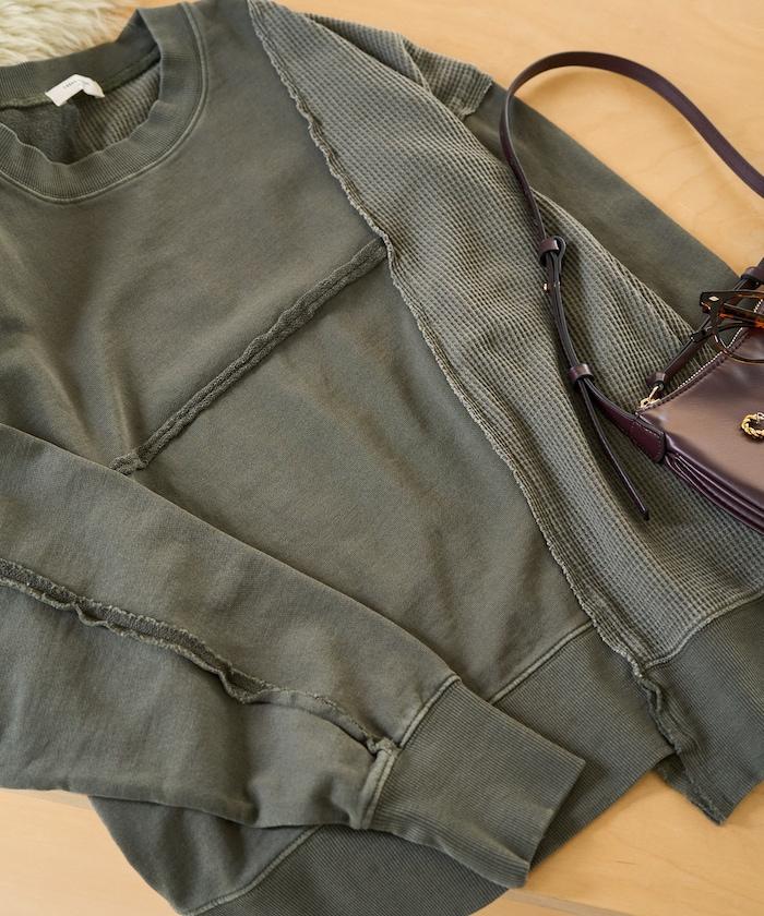 仿舊風格色素水洗衛衣拼接華夫格套頭衫