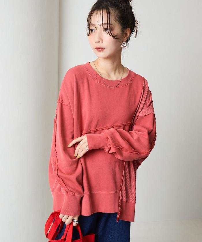 仿舊風格色素水洗衛衣拼接華夫格套頭衫