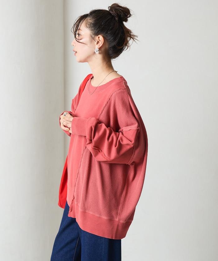 仿舊風格色素水洗衛衣拼接華夫格套頭衫