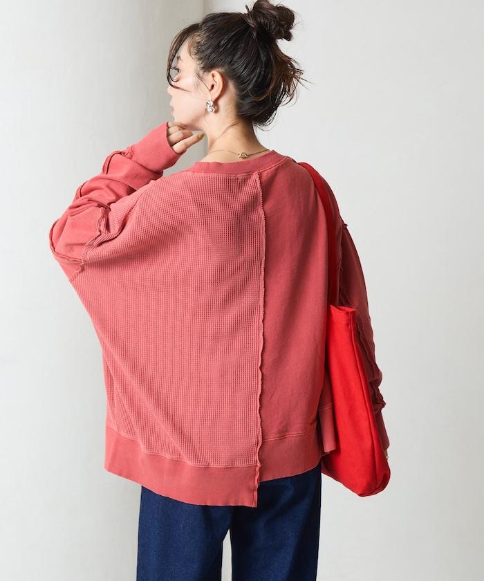 仿舊風格色素水洗衛衣拼接華夫格套頭衫