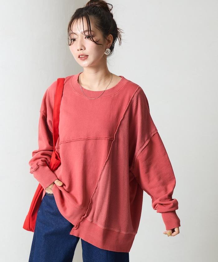 仿舊風格色素水洗衛衣拼接華夫格套頭衫