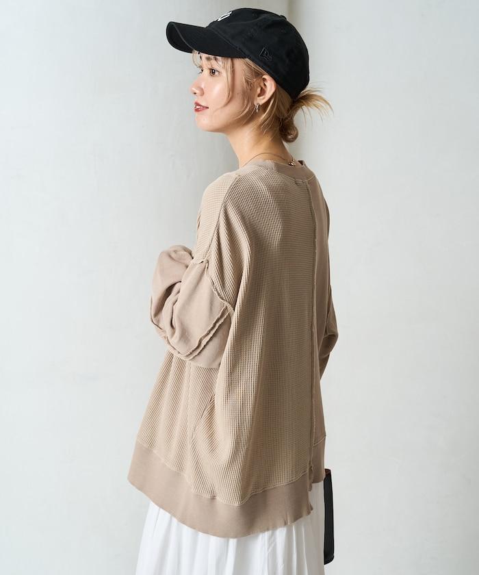 仿舊風格色素水洗衛衣拼接華夫格套頭衫