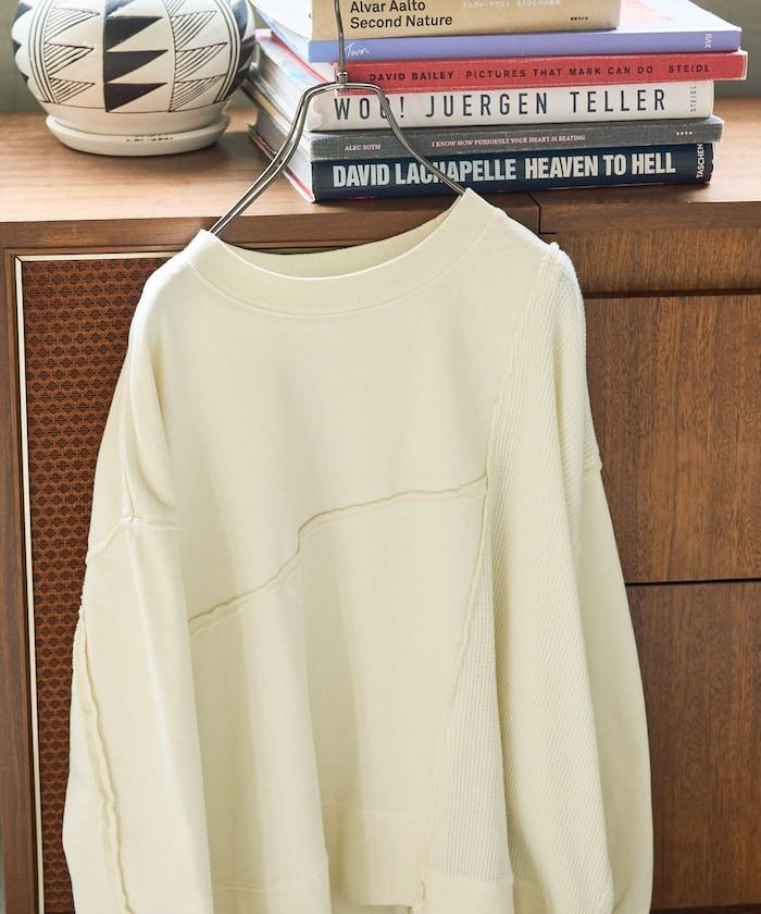 仿舊風格色素水洗衛衣拼接華夫格套頭衫