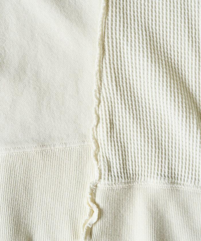 仿舊風格色素水洗衛衣拼接華夫格套頭衫