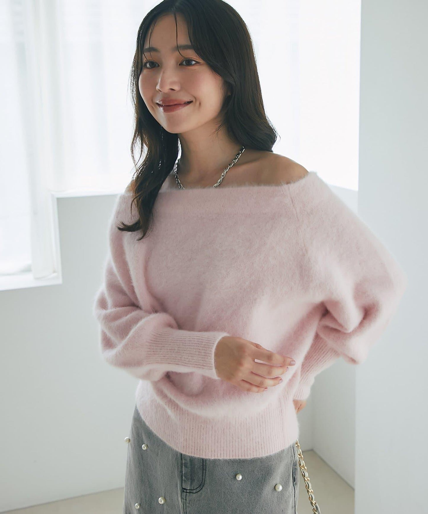 【miki監修】毛絨羊毛羊絨混紡一字肩針織衫