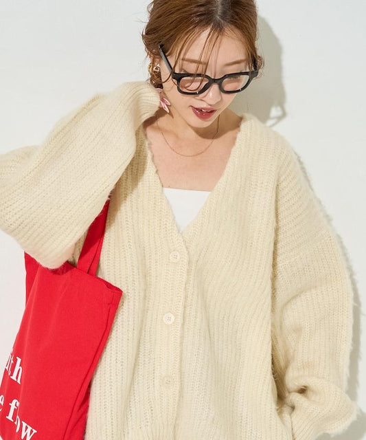 彩色長絨V領針織開衫