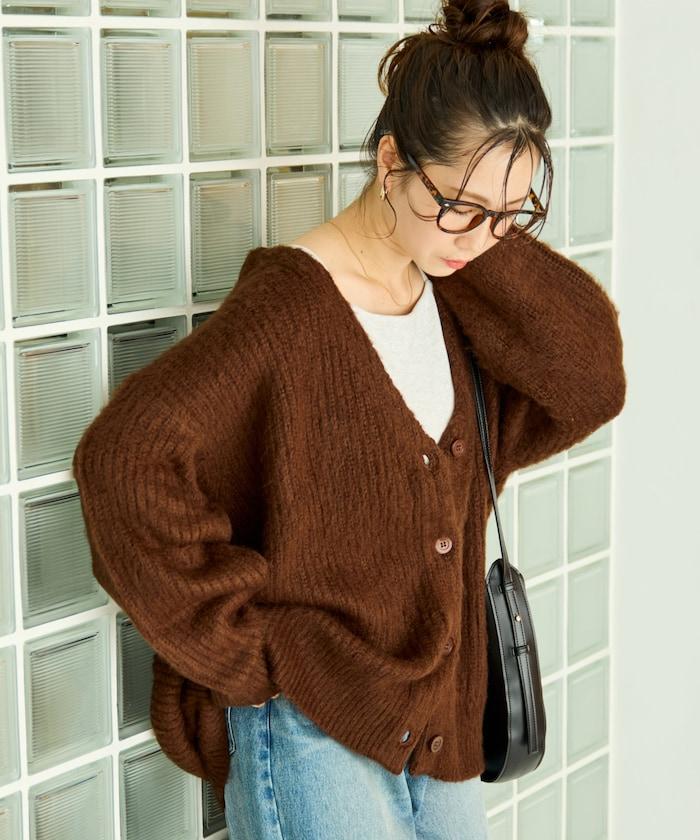 彩色長絨V領針織開衫