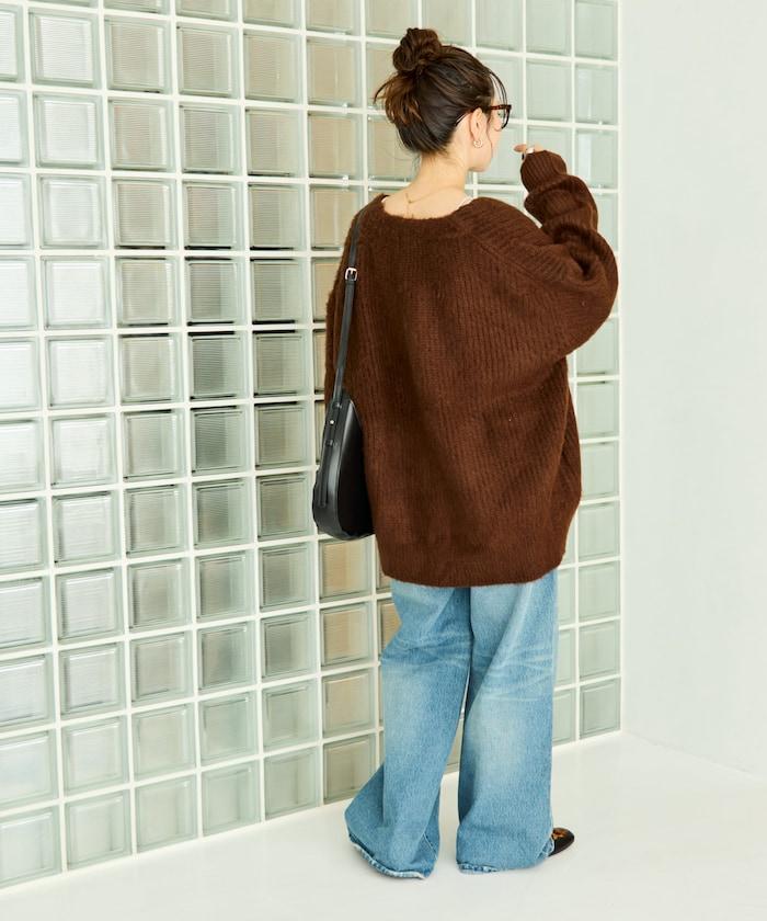 彩色長絨V領針織開衫