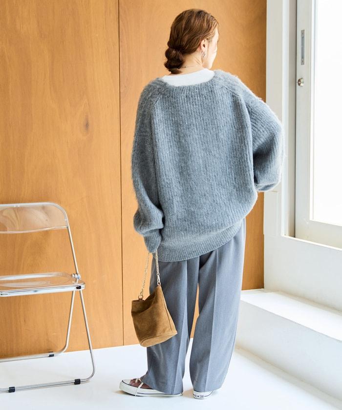 彩色長絨V領針織開衫