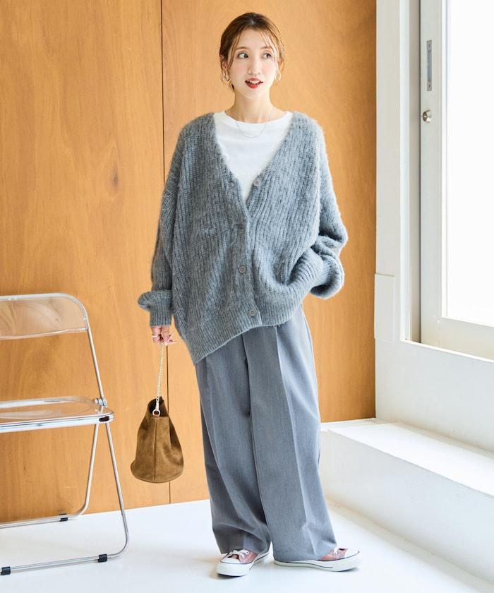 彩色長絨V領針織開衫