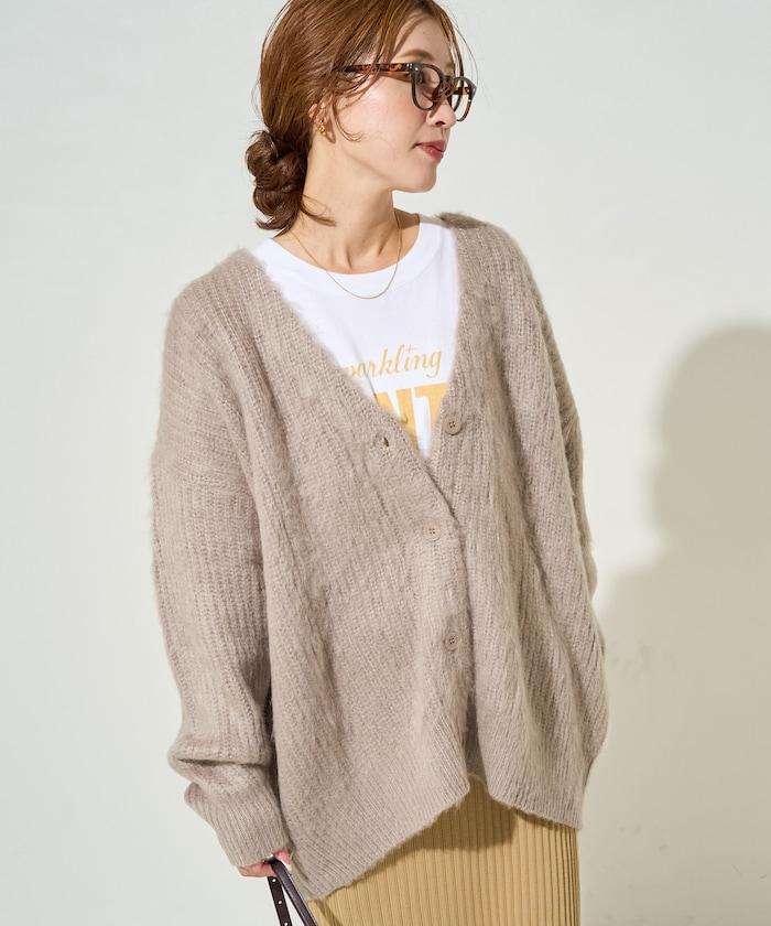 彩色長絨V領針織開衫