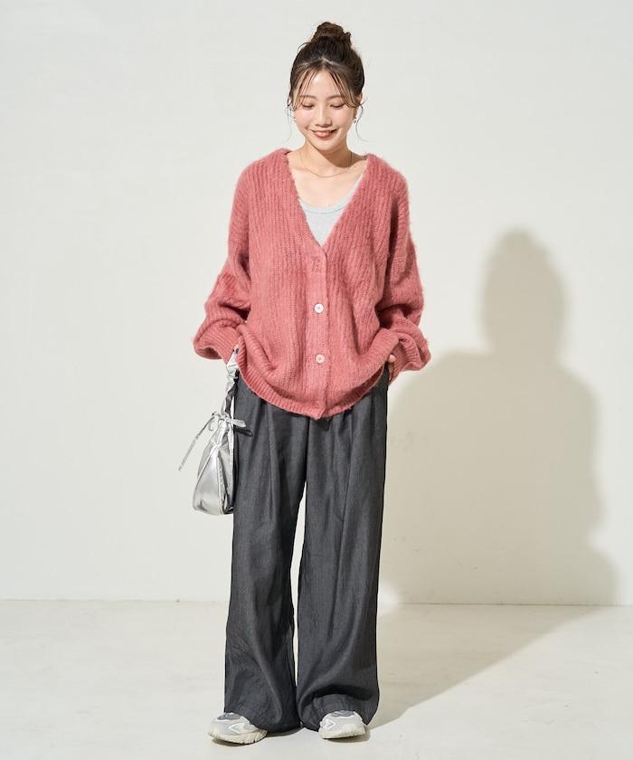 彩色長絨V領針織開衫