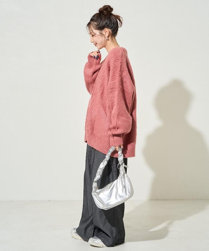 彩色長絨V領針織開衫