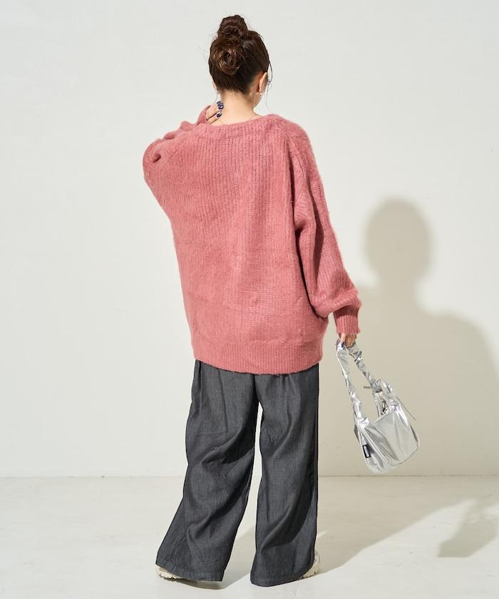 彩色長絨V領針織開衫