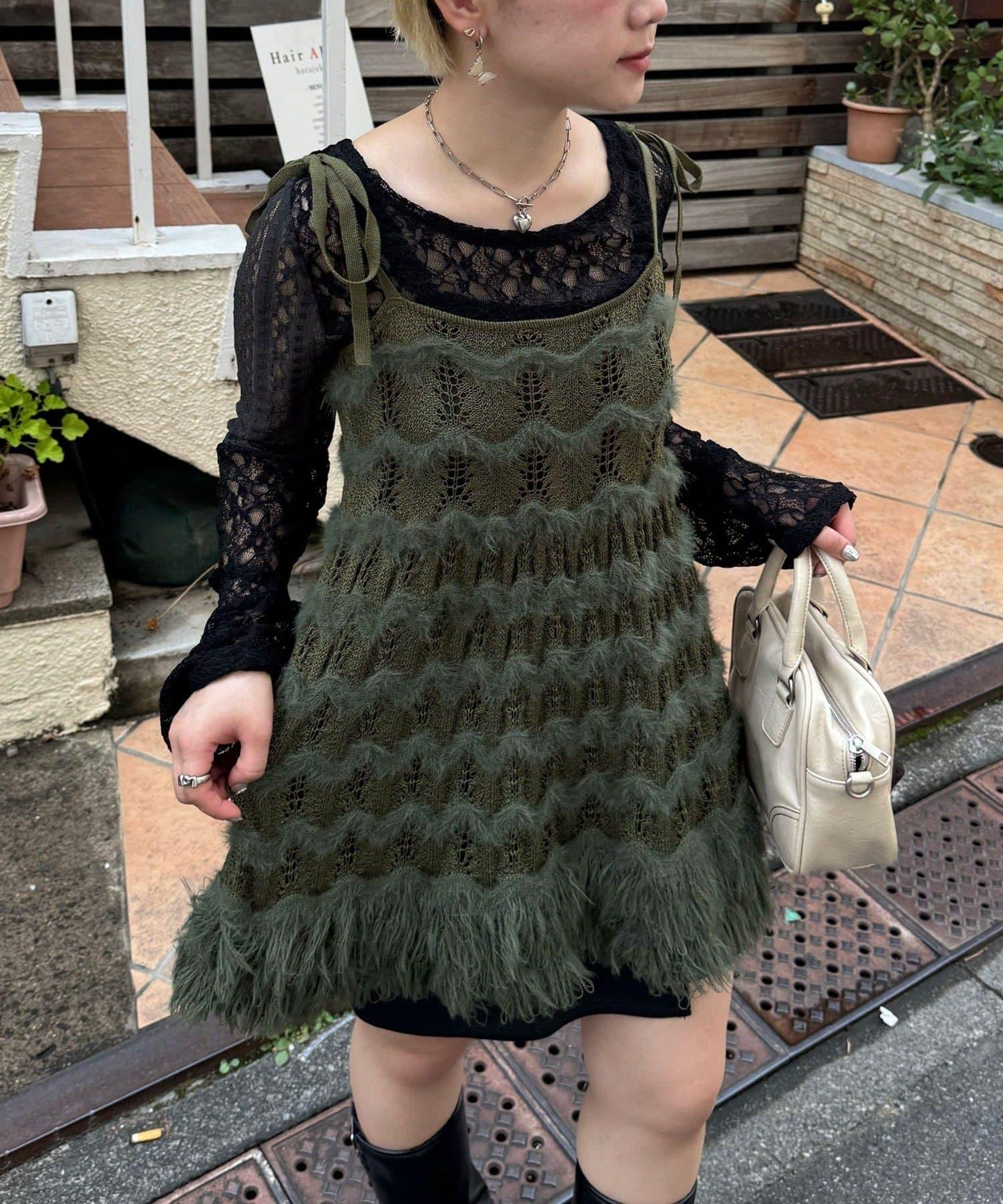 圈圈紗針織長款吊帶連衣裙