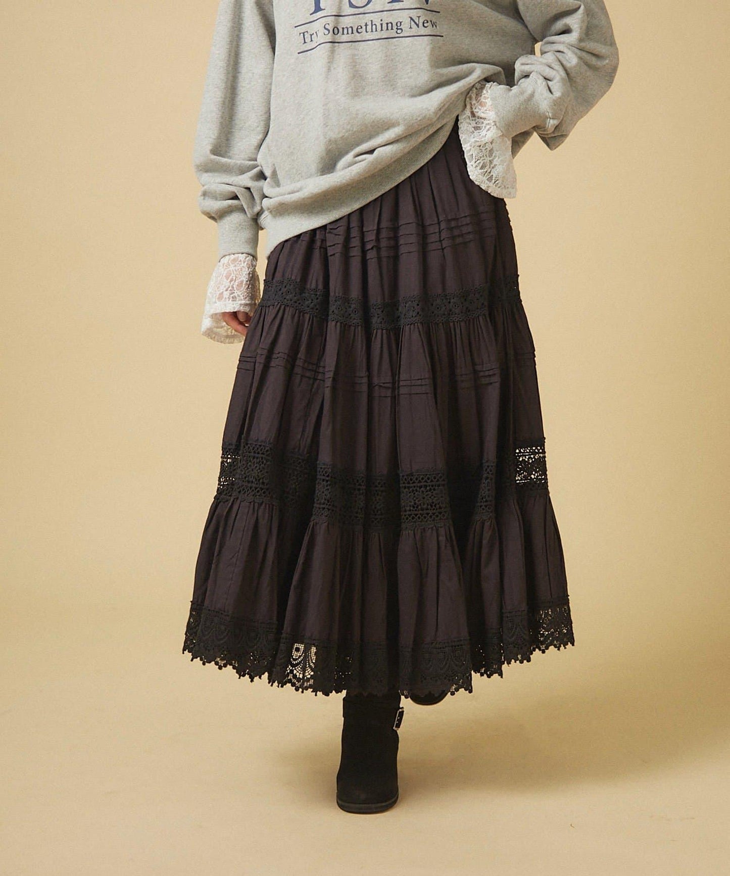 【nane】【India Series】蕾絲拼接長款半身裙