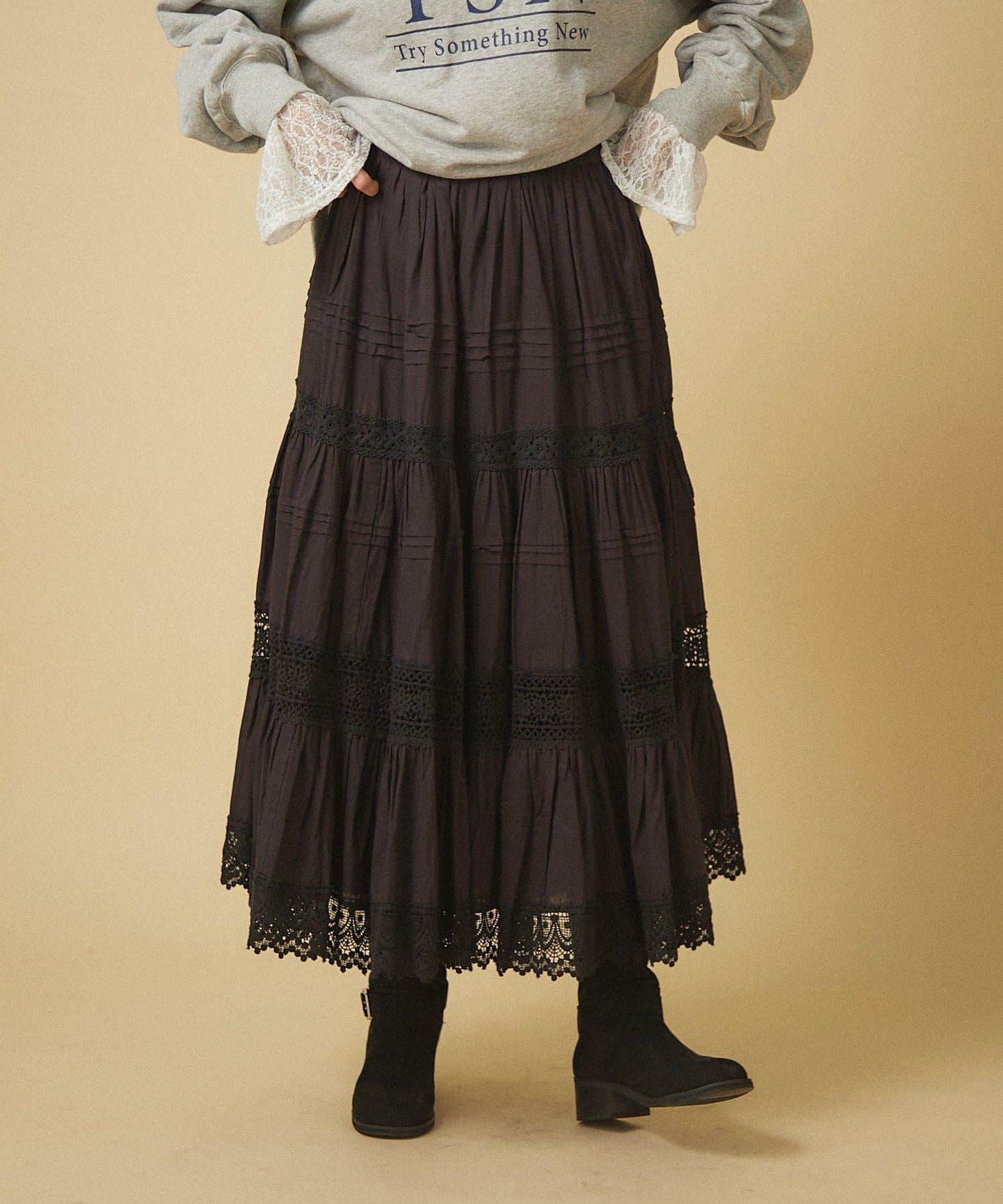 【nane】【India Series】蕾絲拼接長款半身裙