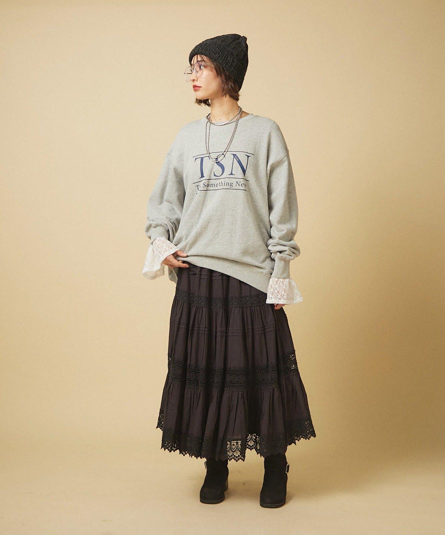 【nane】【India Series】蕾絲拼接長款半身裙