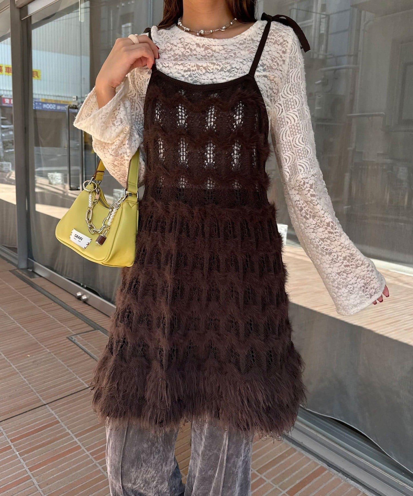 圈圈紗針織長款吊帶連衣裙