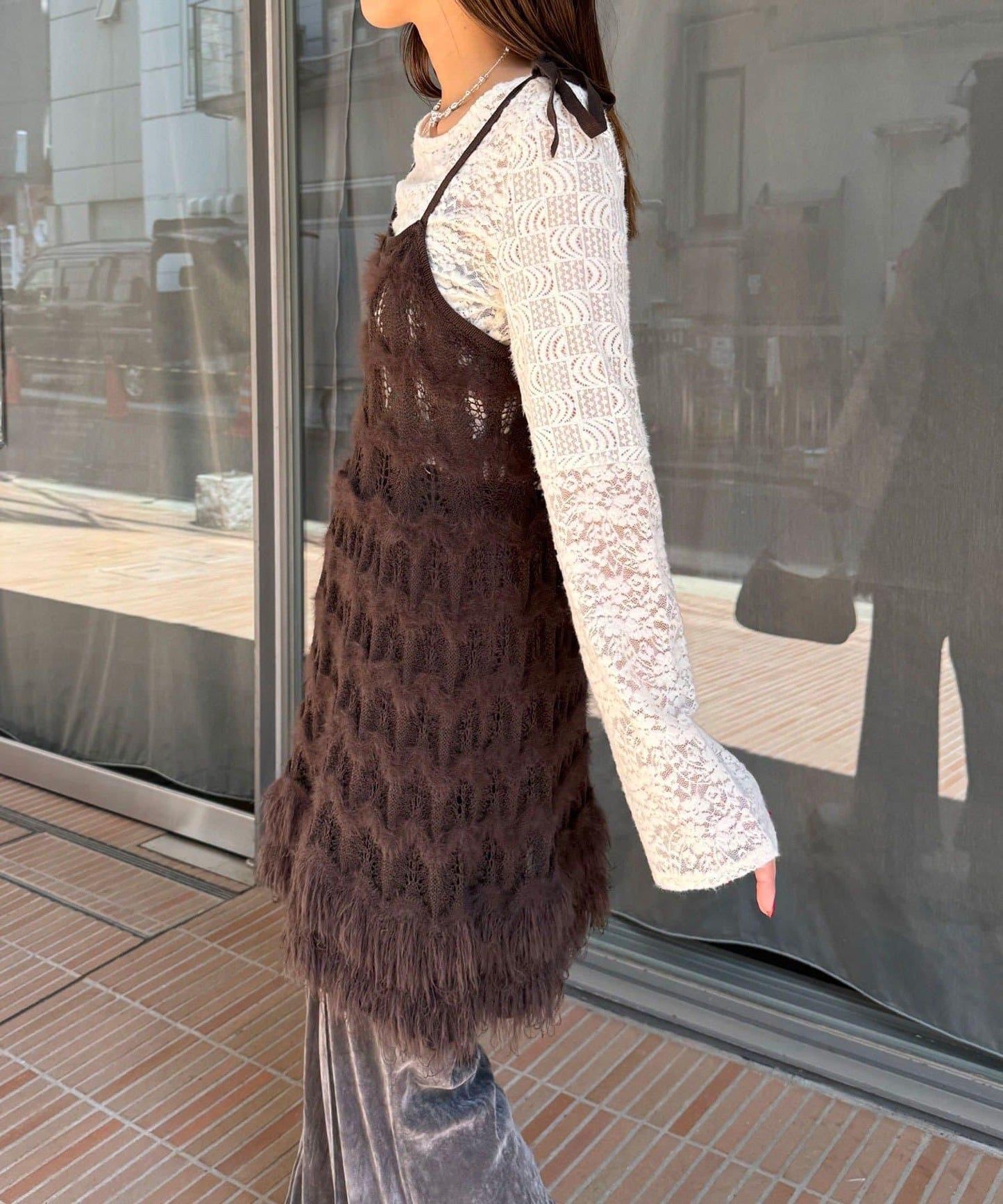 圈圈紗針織長款吊帶連衣裙