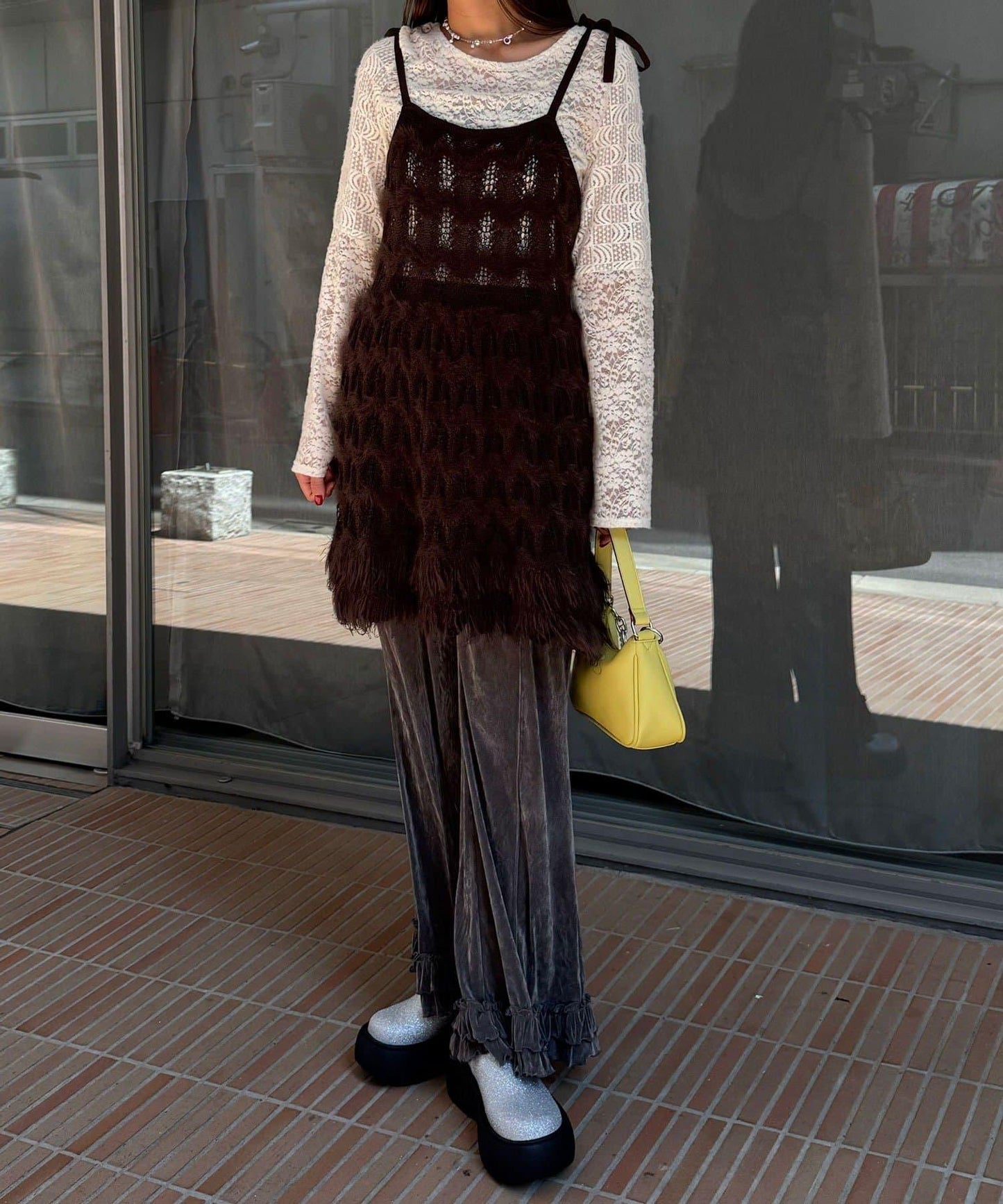 圈圈紗針織長款吊帶連衣裙