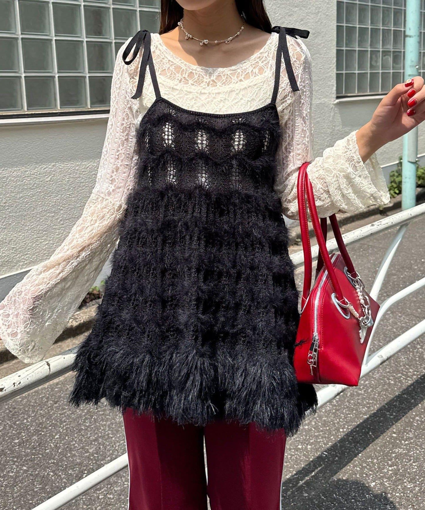 圈圈紗針織長款吊帶連衣裙