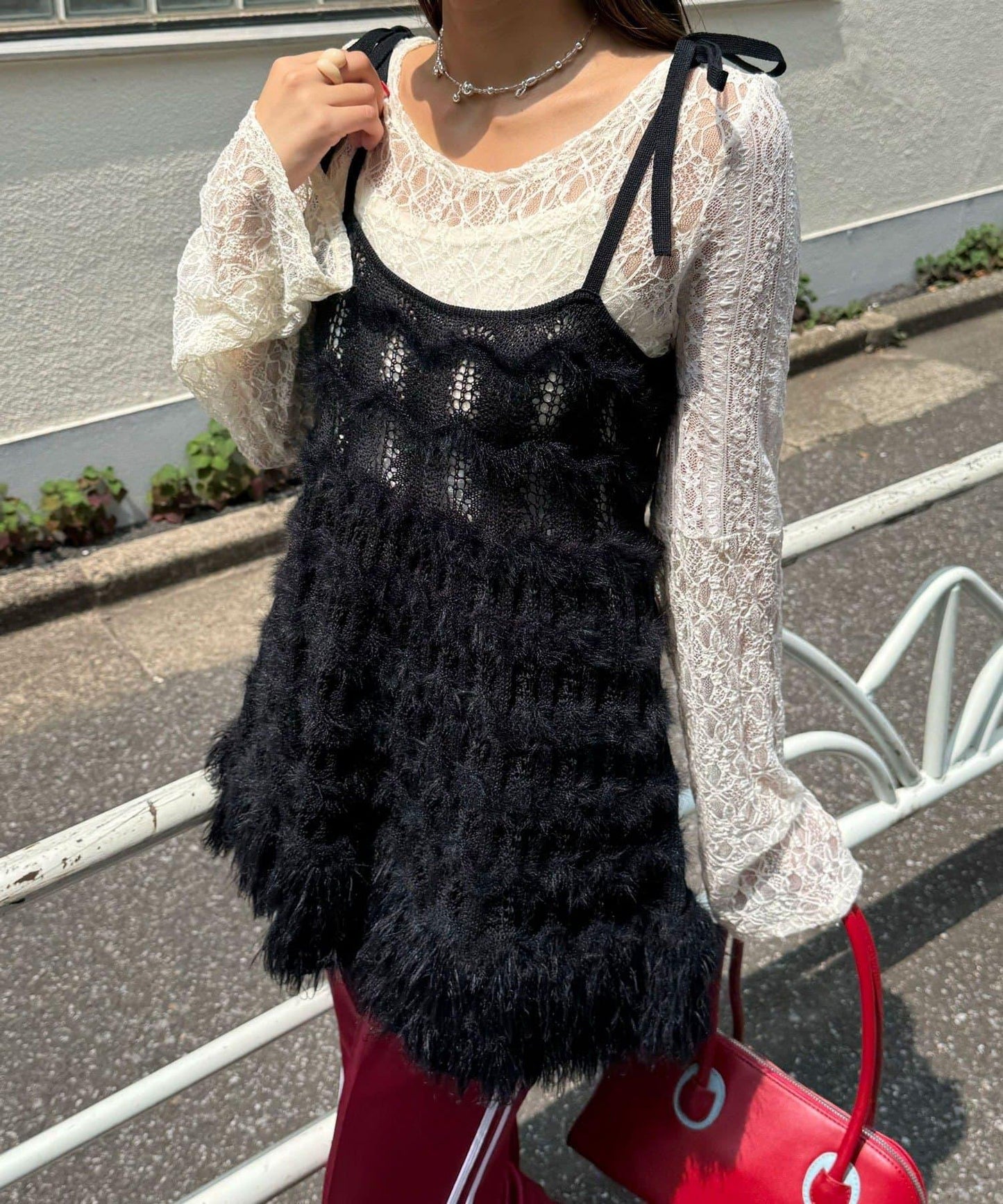 圈圈紗針織長款吊帶連衣裙