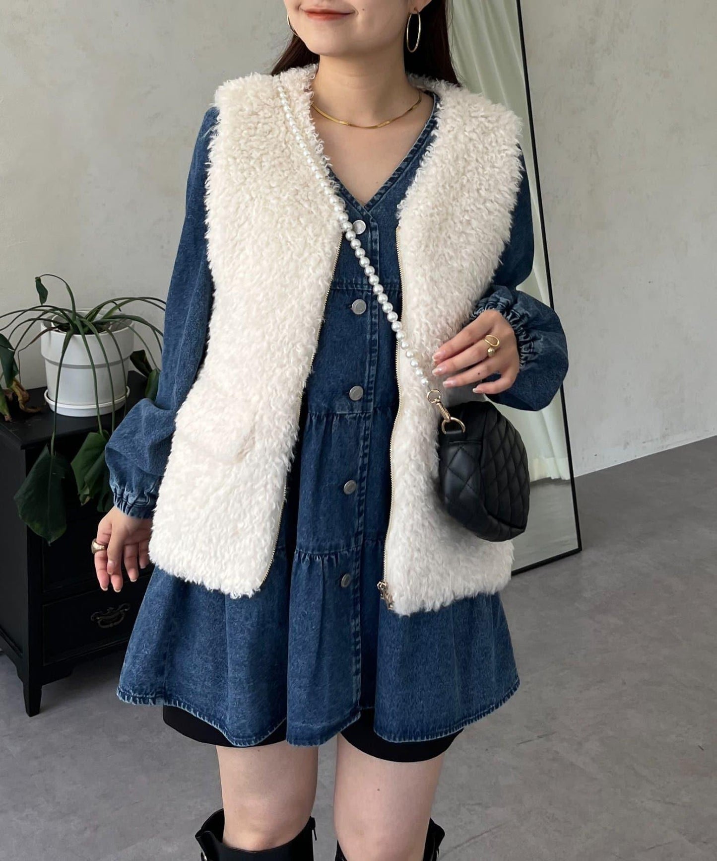 V領牛仔拼接層疊女襯衫