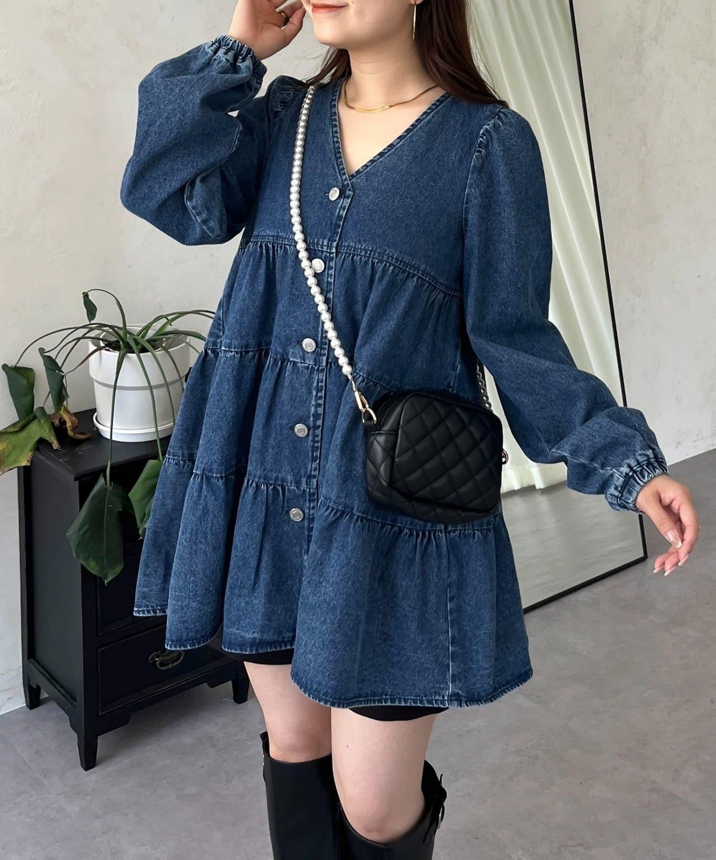 V領牛仔拼接層疊女襯衫