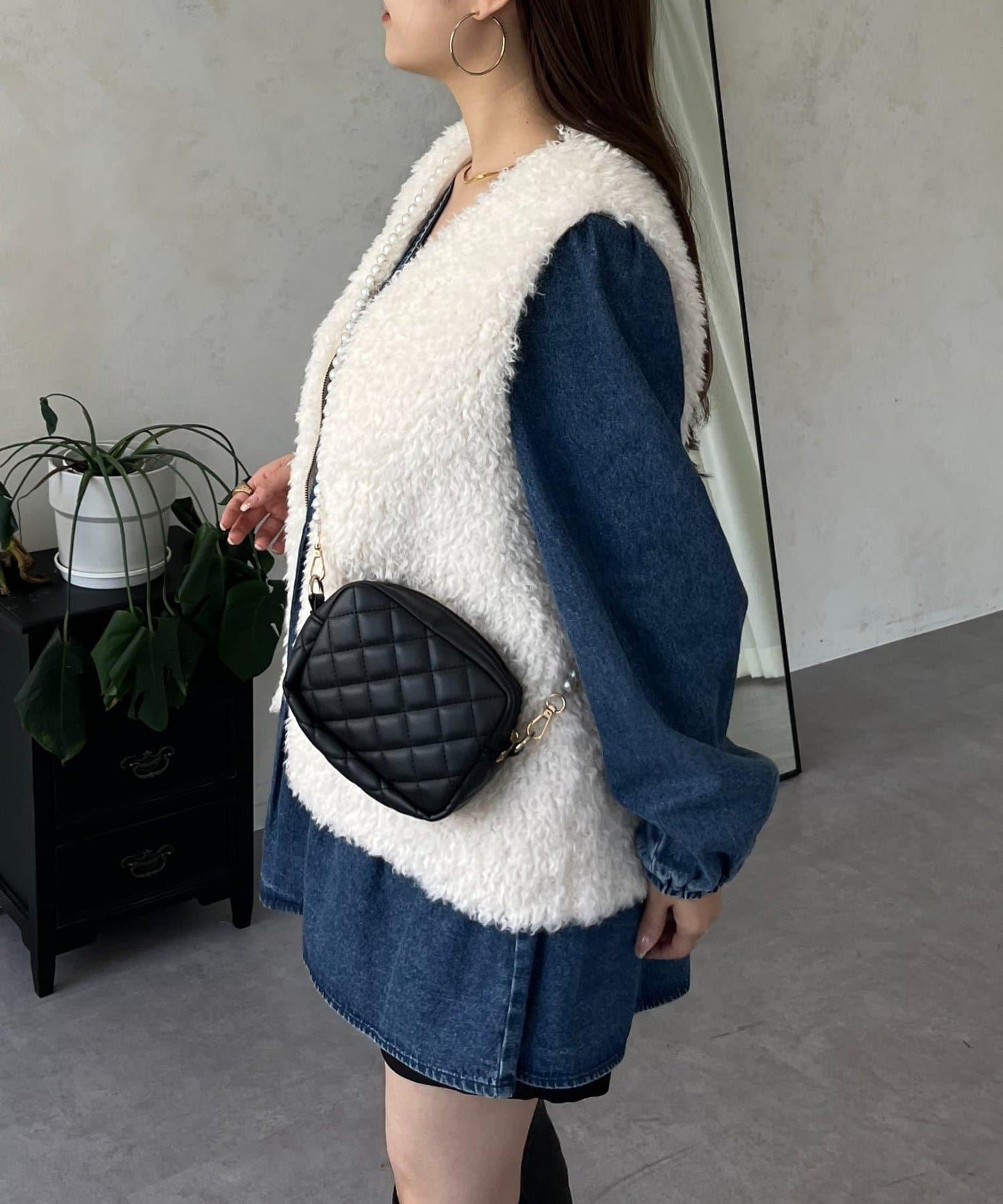 V領牛仔拼接層疊女襯衫