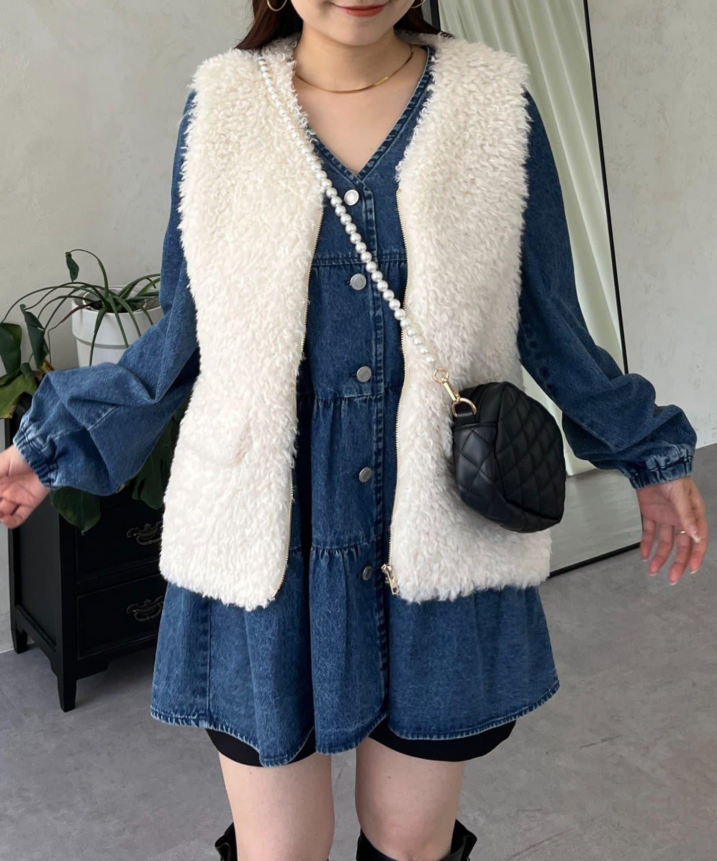 V領牛仔拼接層疊女襯衫