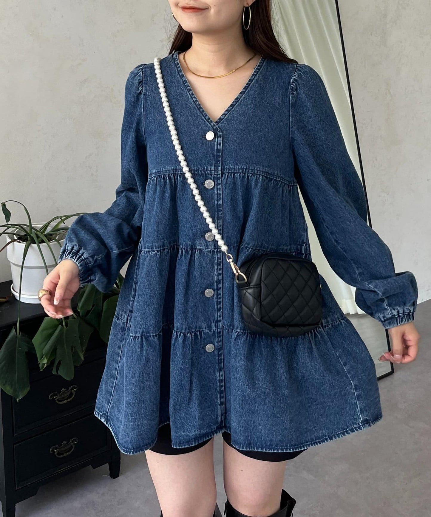 V領牛仔拼接層疊女襯衫