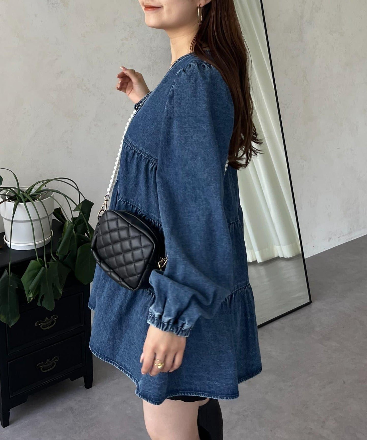 V領牛仔拼接層疊女襯衫