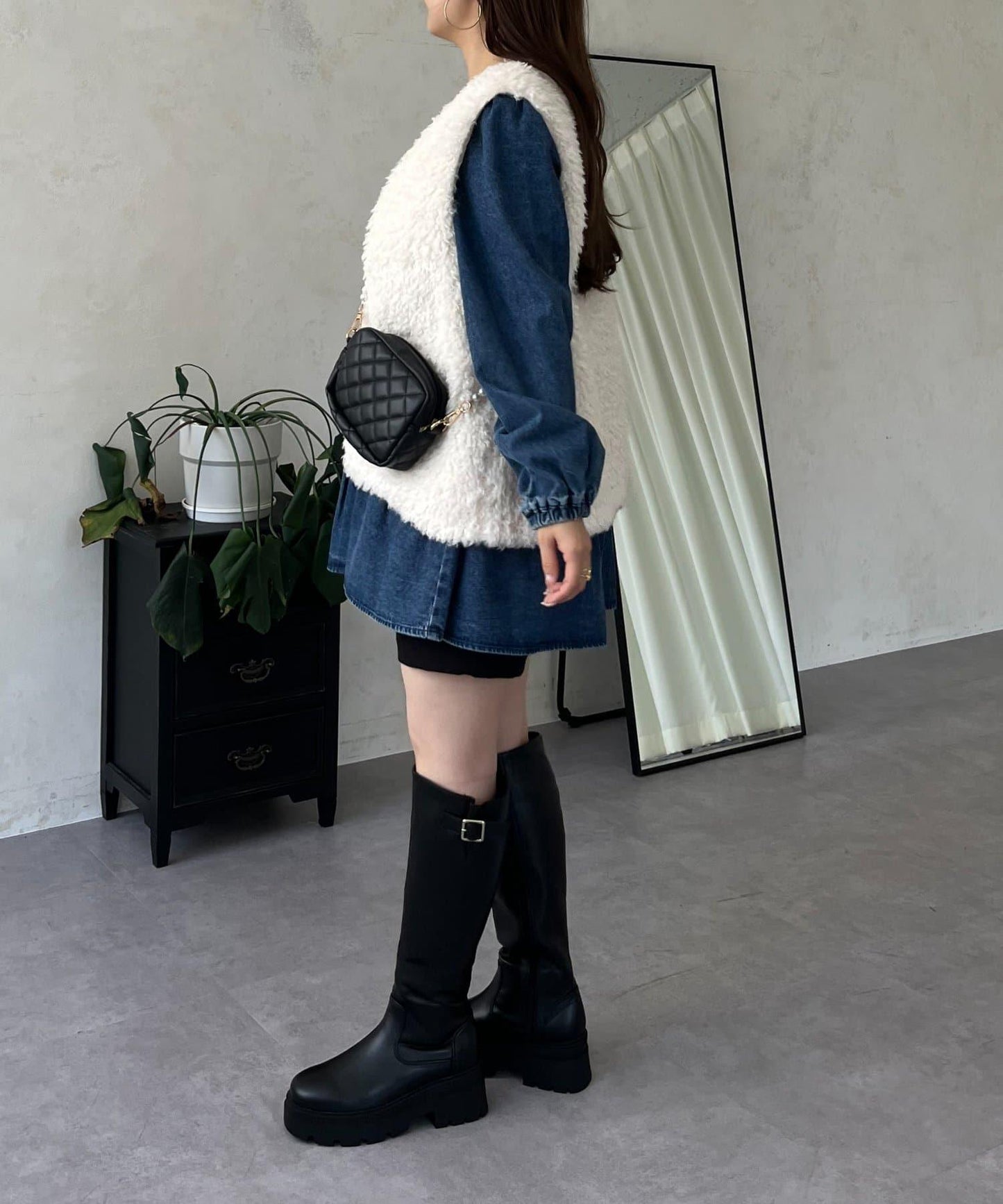 V領牛仔拼接層疊女襯衫