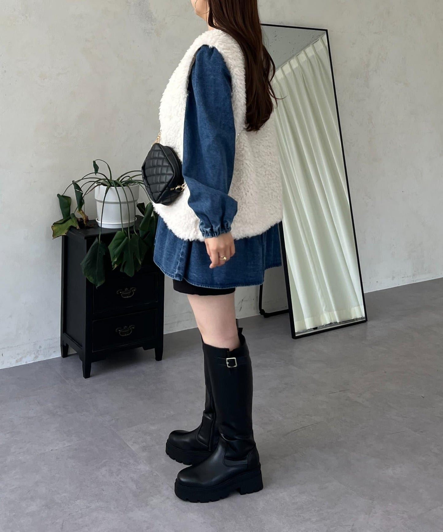 V領牛仔拼接層疊女襯衫