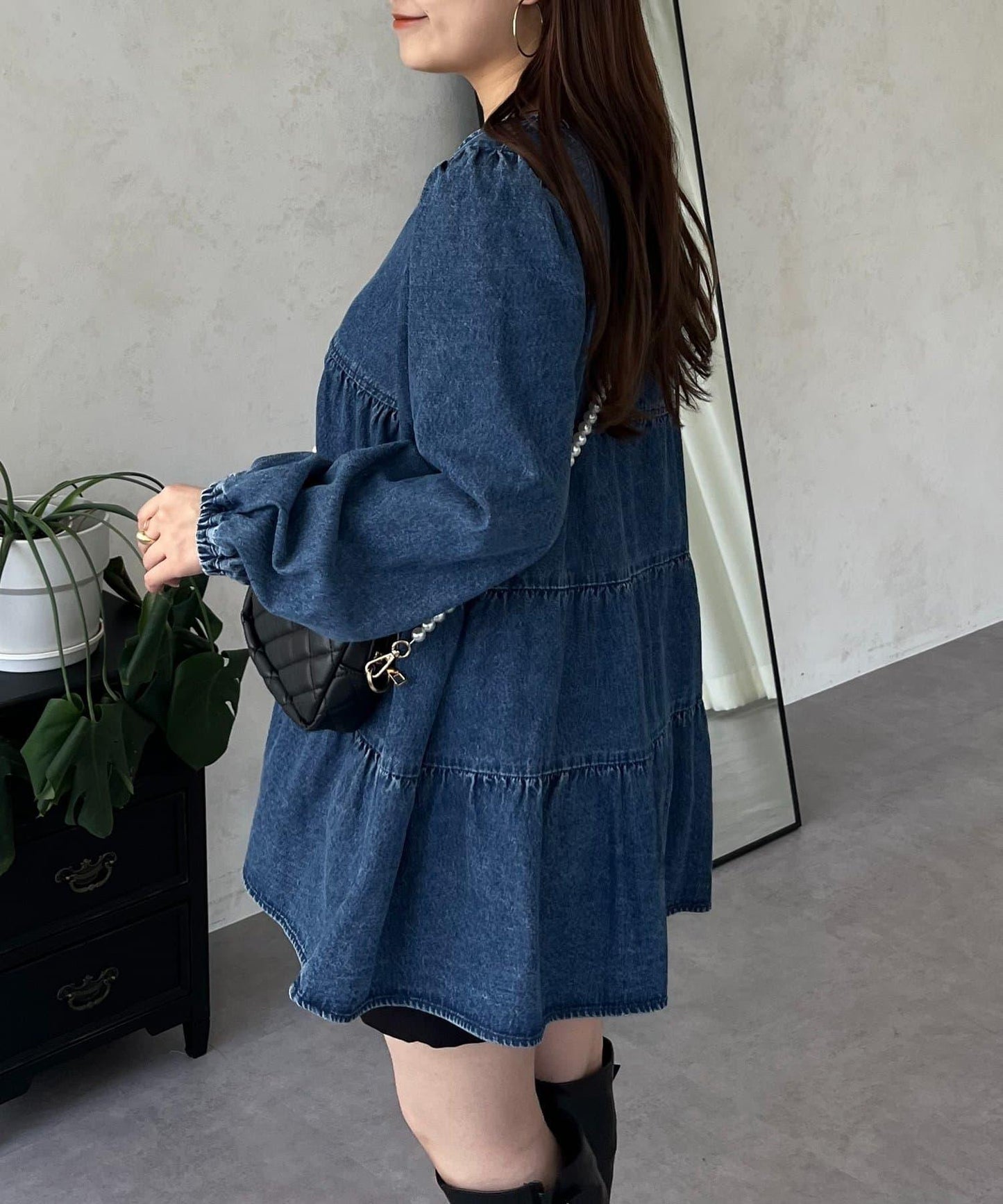 V領牛仔拼接層疊女襯衫