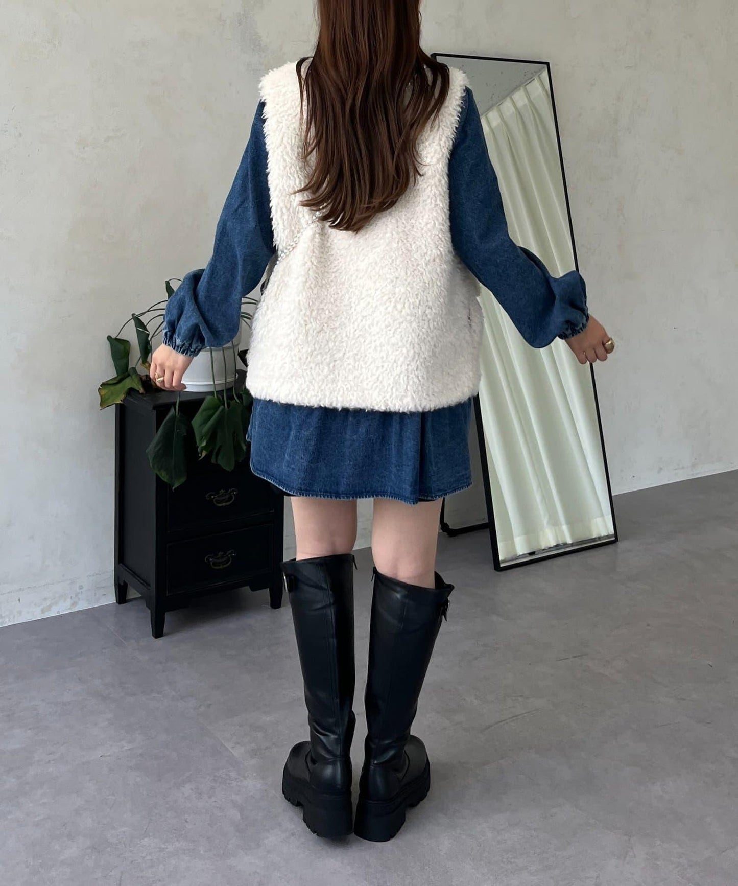 V領牛仔拼接層疊女襯衫