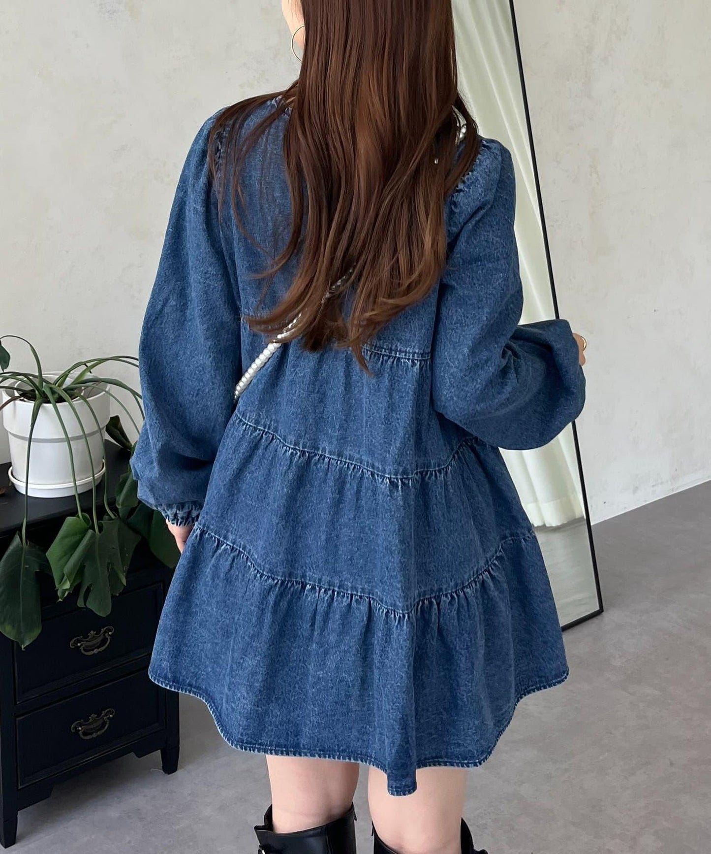 V領牛仔拼接層疊女襯衫