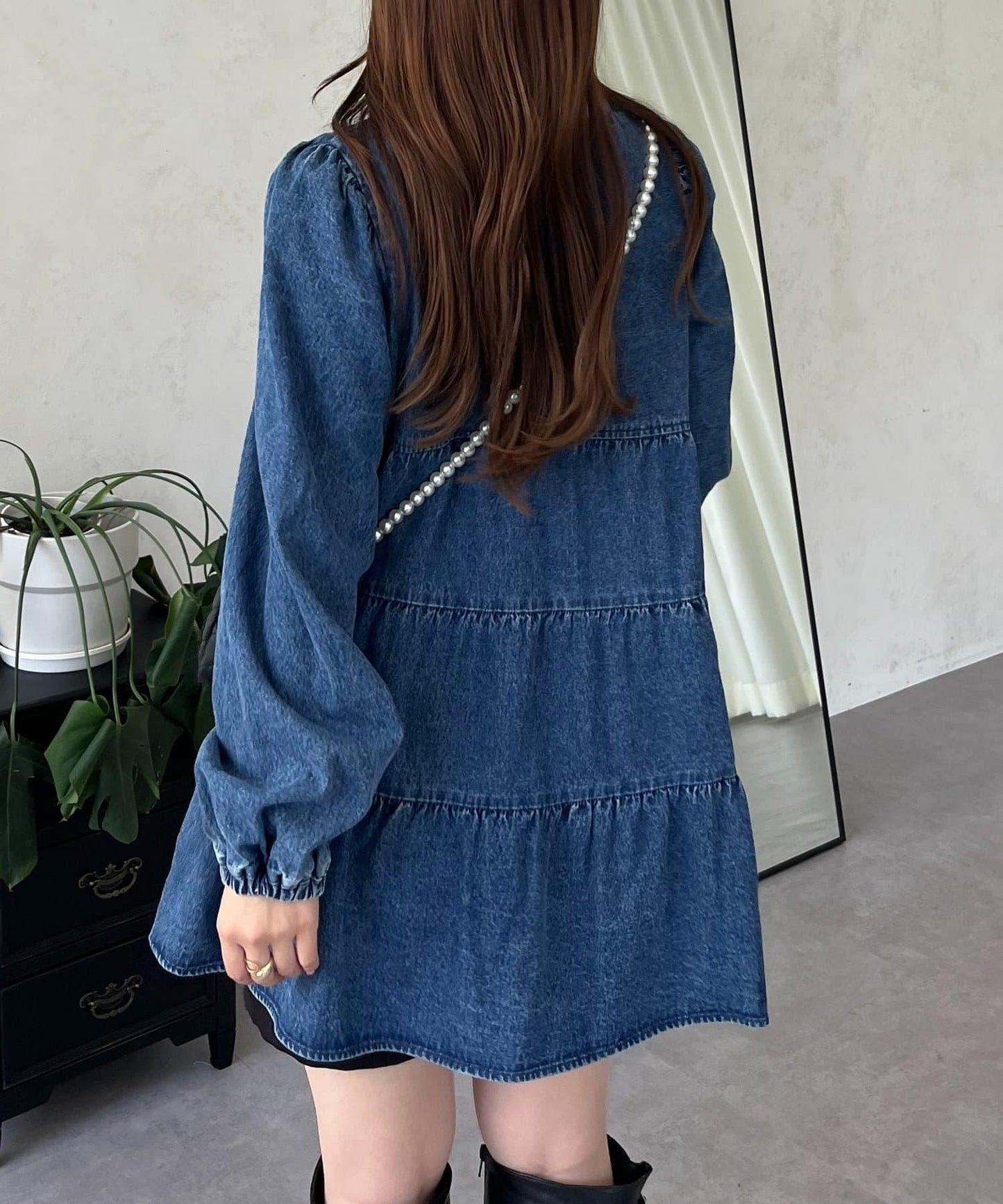 V領牛仔拼接層疊女襯衫