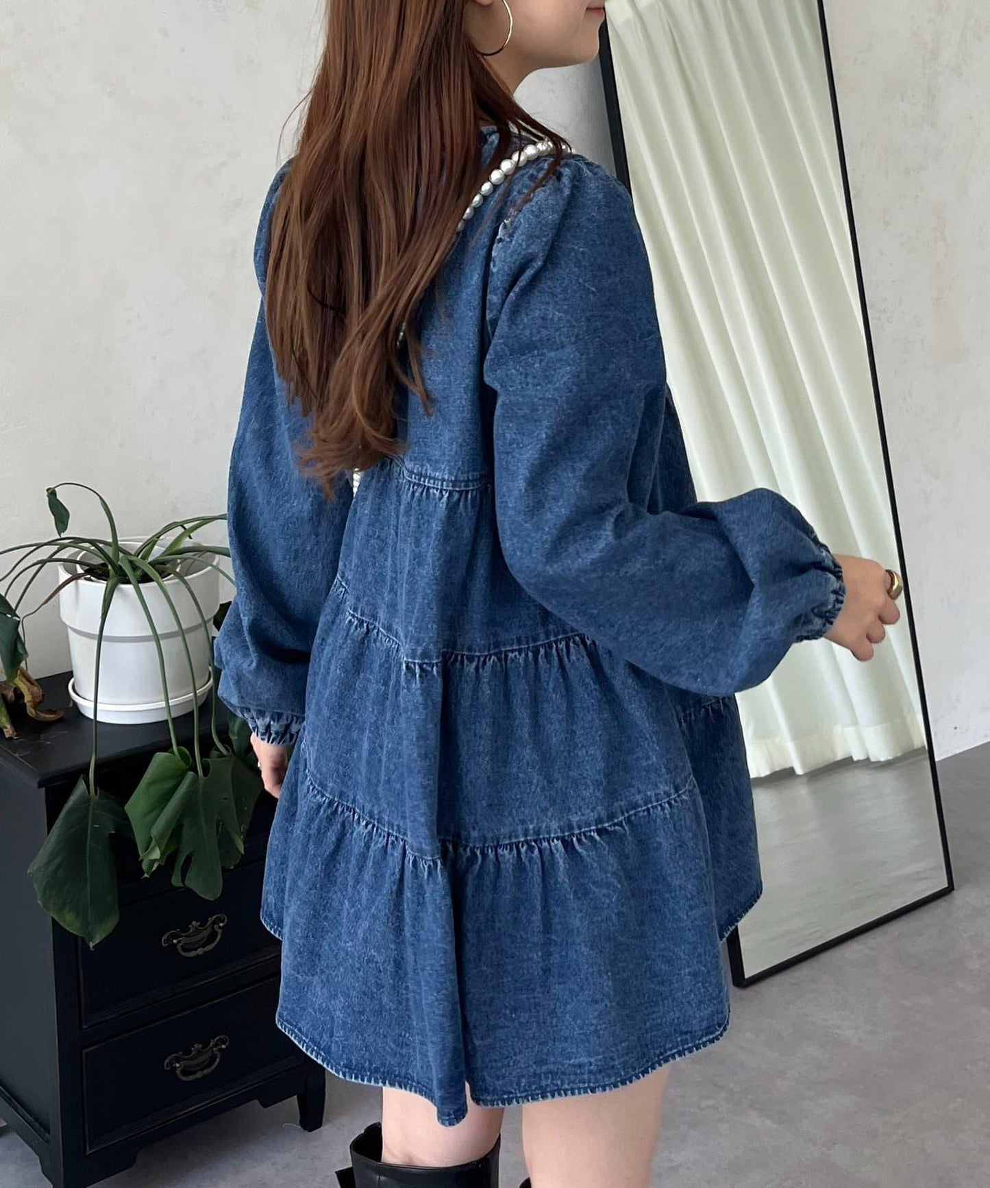 V領牛仔拼接層疊女襯衫