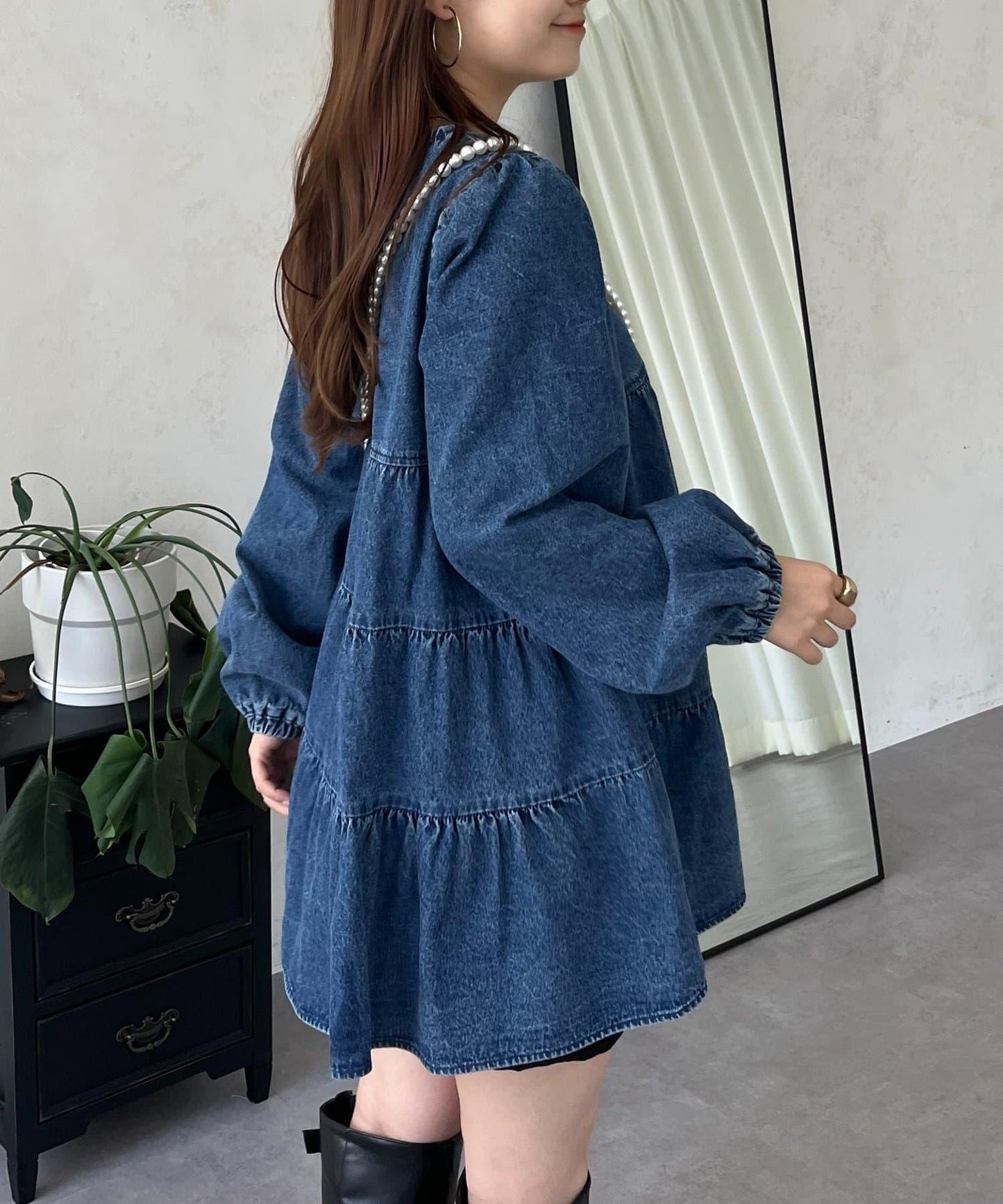 V領牛仔拼接層疊女襯衫