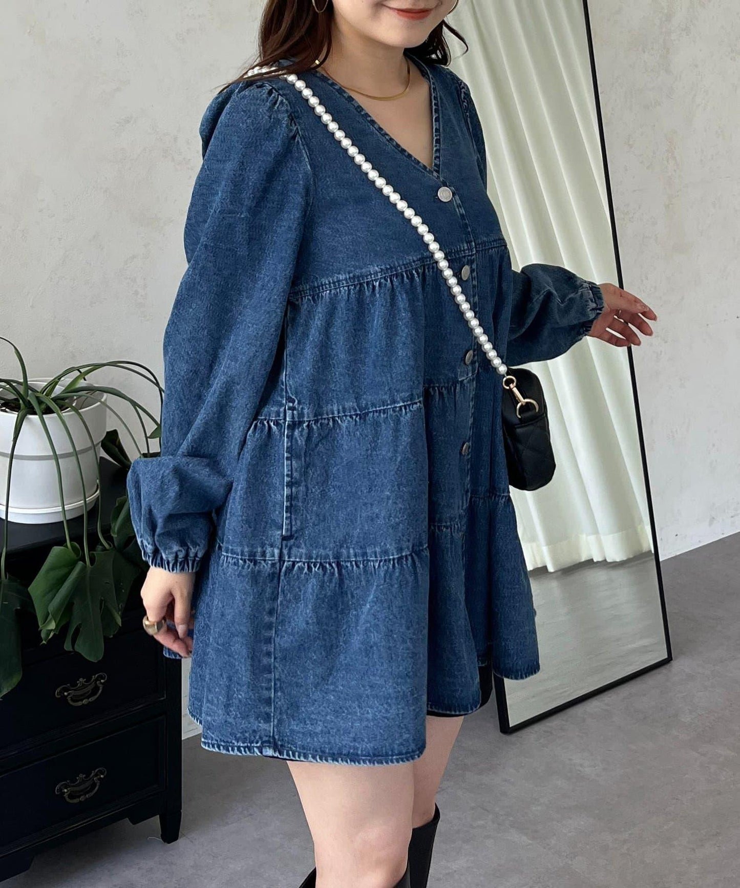 V領牛仔拼接層疊女襯衫