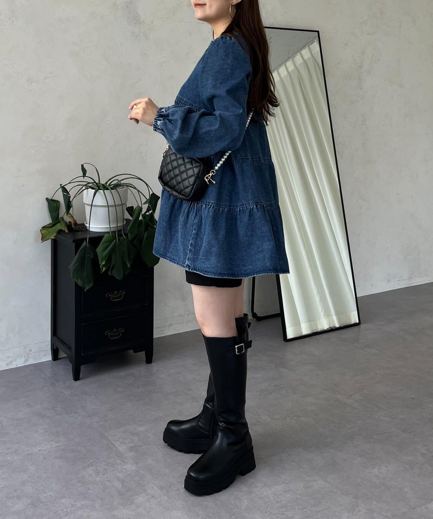 V領牛仔拼接層疊女襯衫