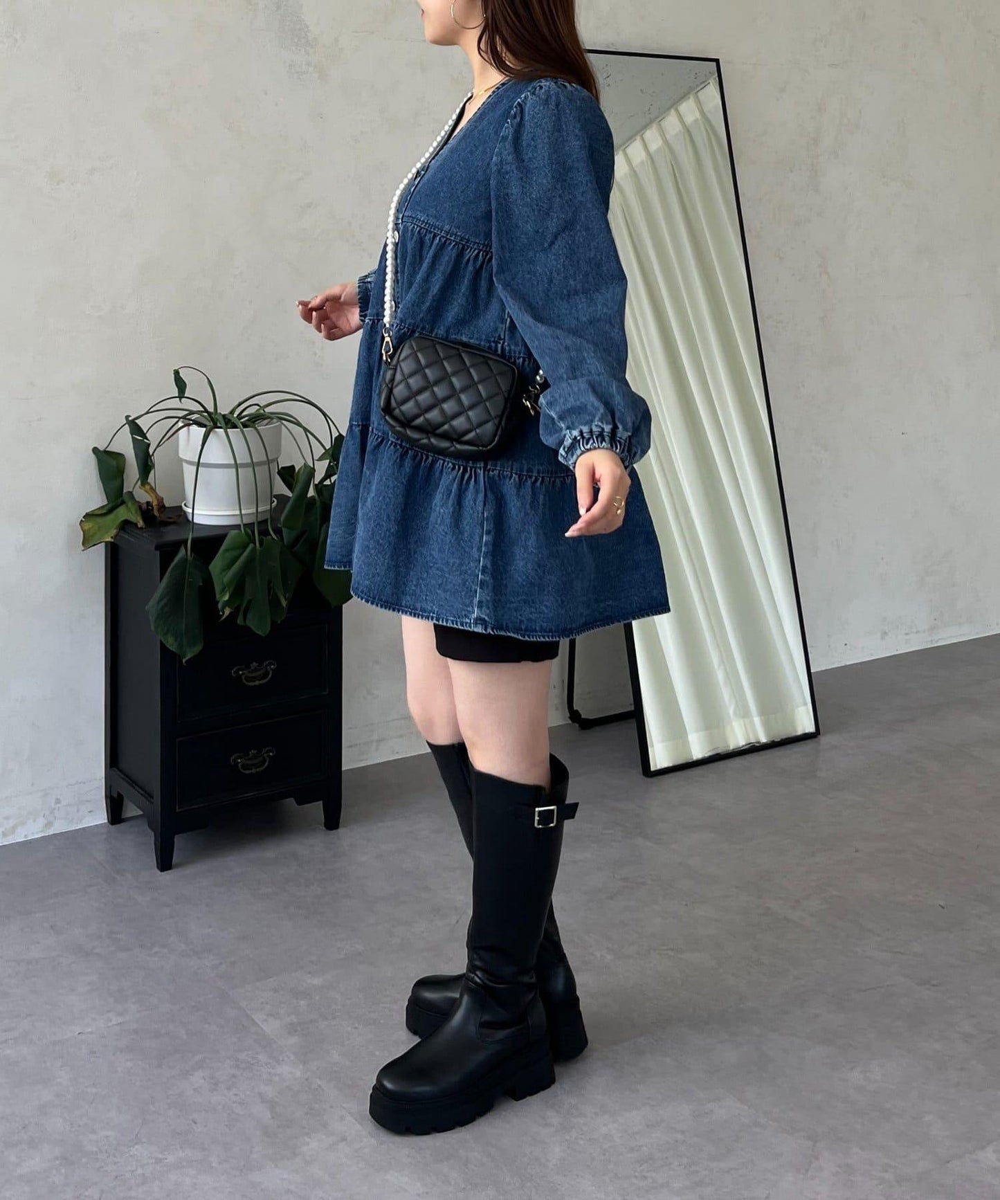 V領牛仔拼接層疊女襯衫