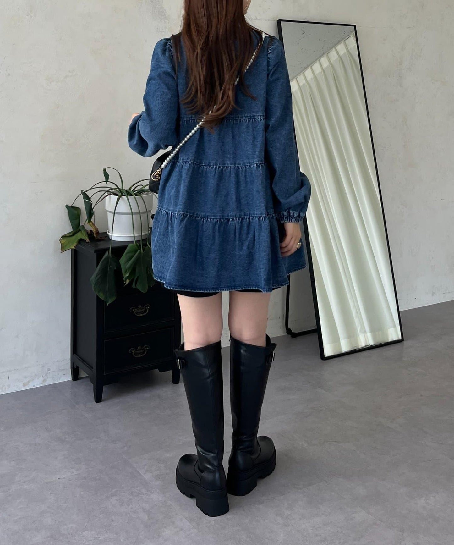 V領牛仔拼接層疊女襯衫
