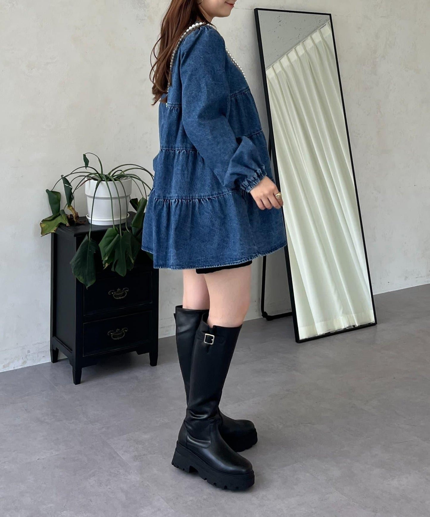 V領牛仔拼接層疊女襯衫