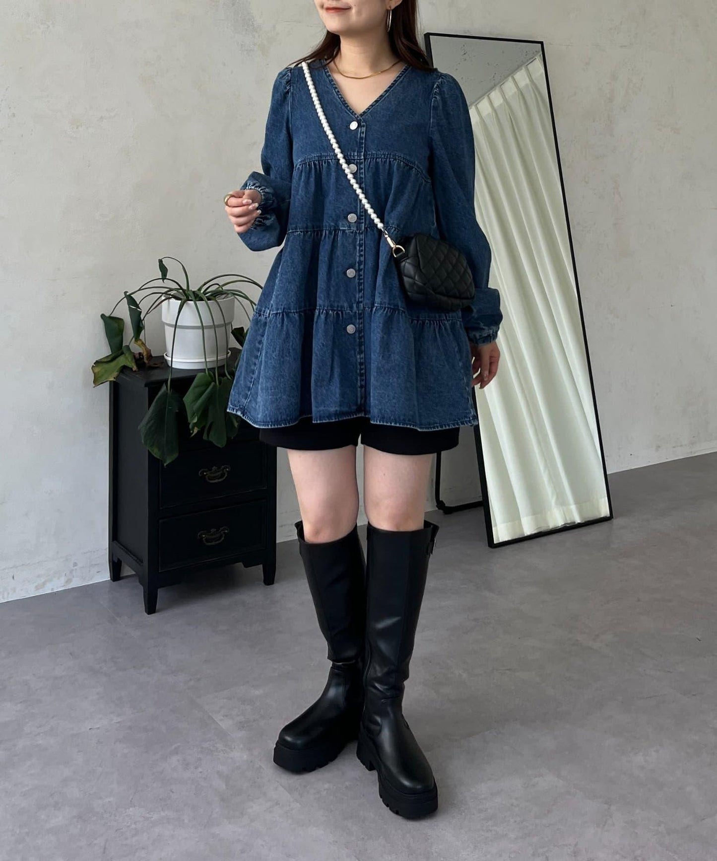 V領牛仔拼接層疊女襯衫